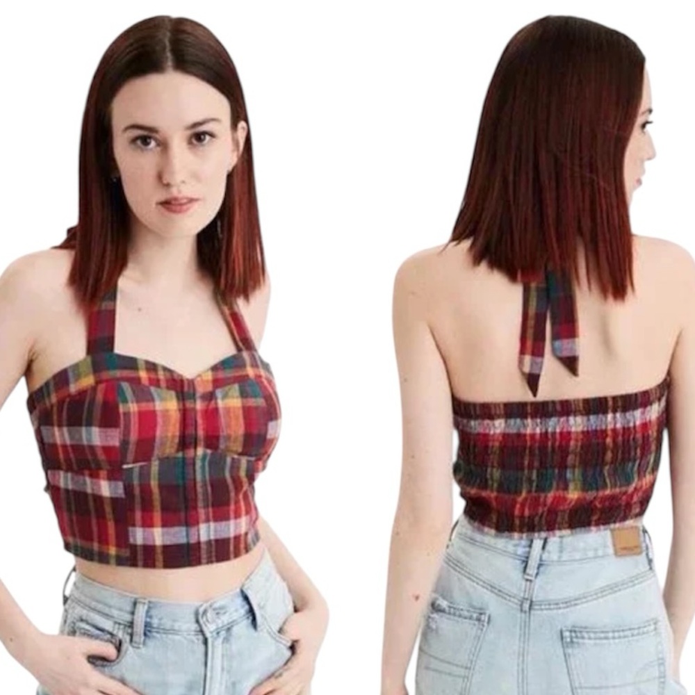 American Eagle Plaid Halter Crop Top Small NWT NEW